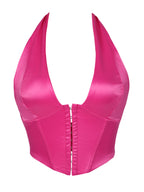 Sleek Black Satin Halter Bustier with Deep V-Neckline and Front Hook Closure