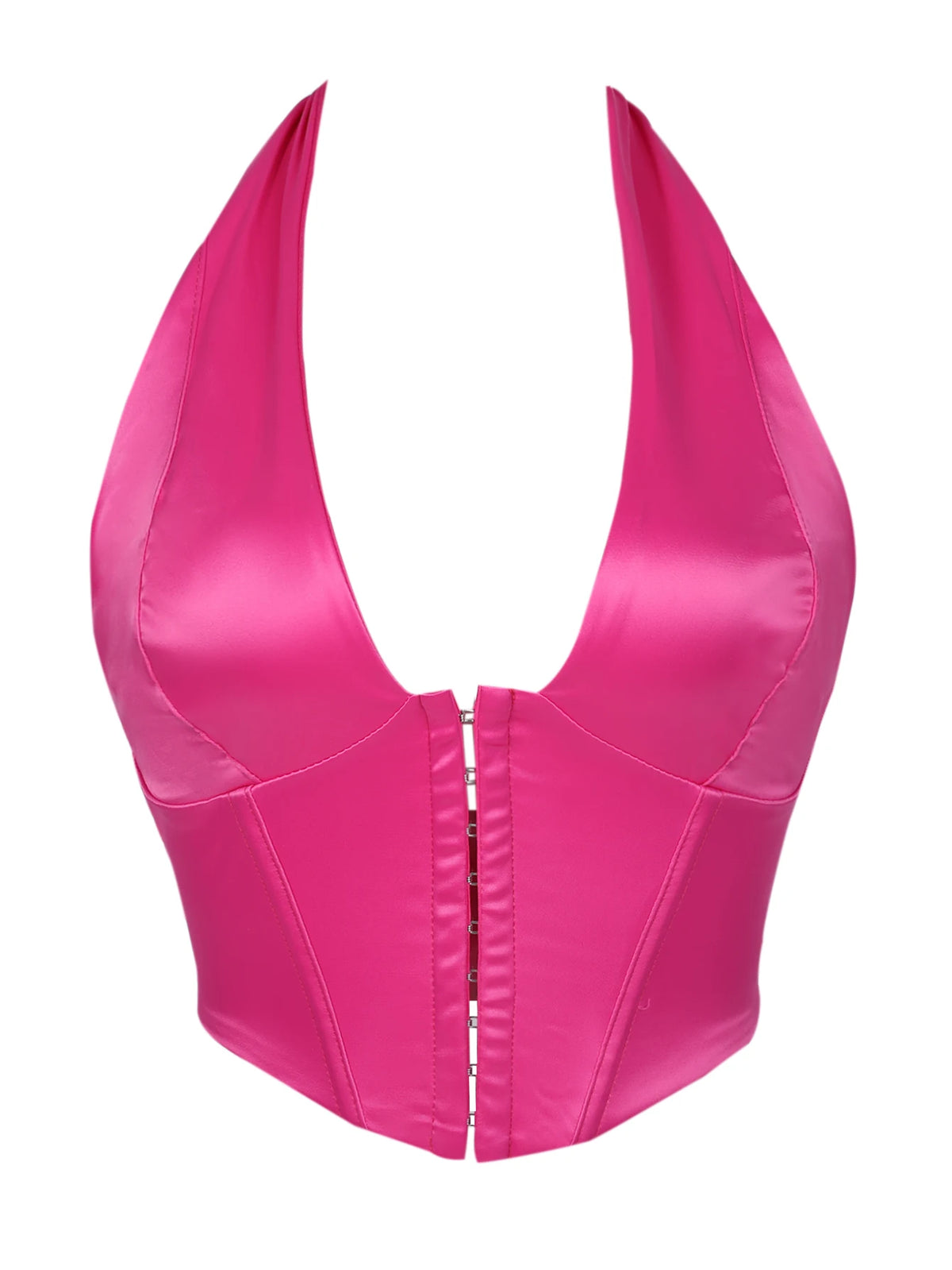 Sleek Black Satin Halter Bustier with Deep V-Neckline and Front Hook Closure