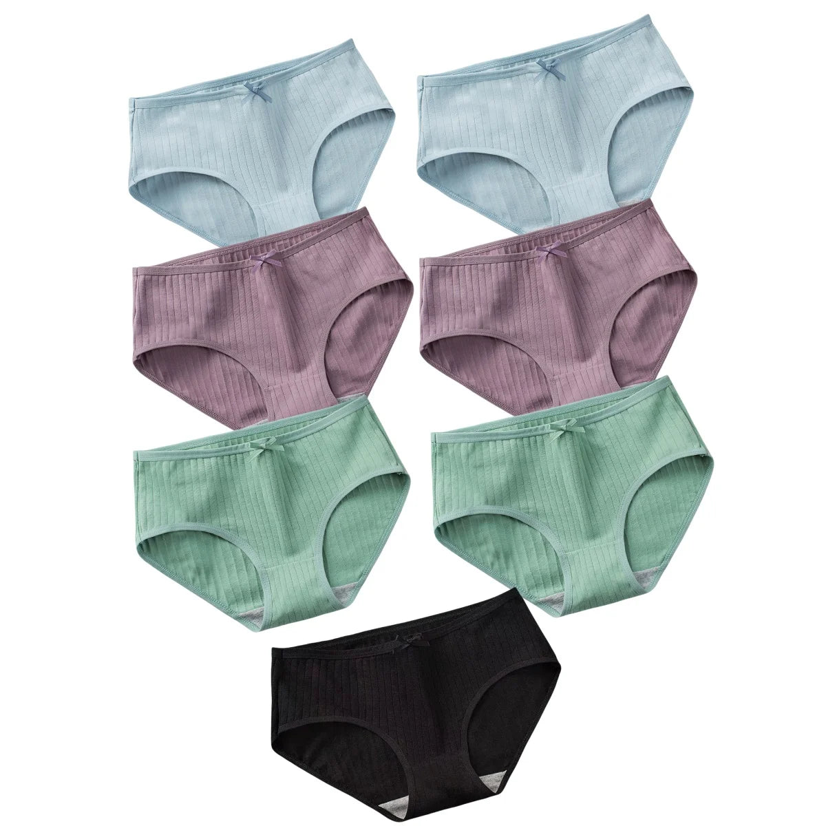 Seven-Piece Ribbed Cotton Blend Mid-Rise Brief Set with Bow Detail