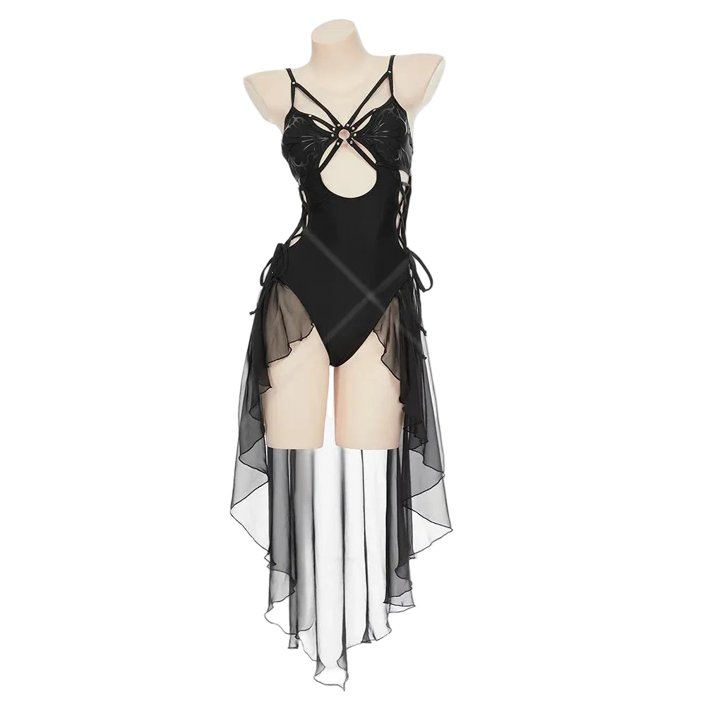 Women's Cutout One Piece Swimsuit with Lace-Up Details and Sheer Panel Overlay Design