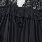 Black Floral Lace Underwire Chemise with Front Cutout and Strappy Hem Detailing