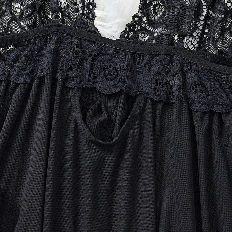 Black Floral Lace Underwire Chemise with Front Cutout and Strappy Hem Detailing