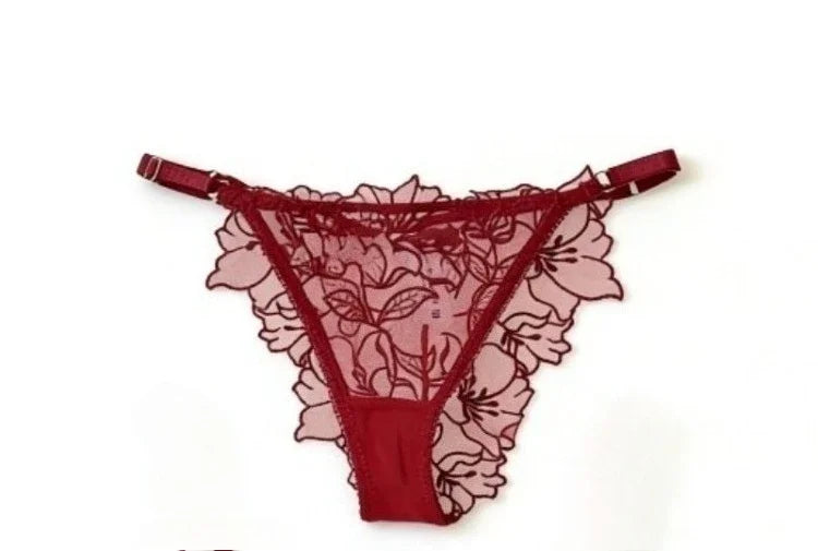 Embroidered Sheer Floral Lace Demi-Cup Bra and Matching Low-Rise Thong Set