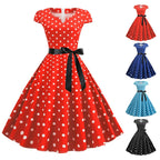 Retro Red and White Polka Dot Swing Dress with Black Waist Tie