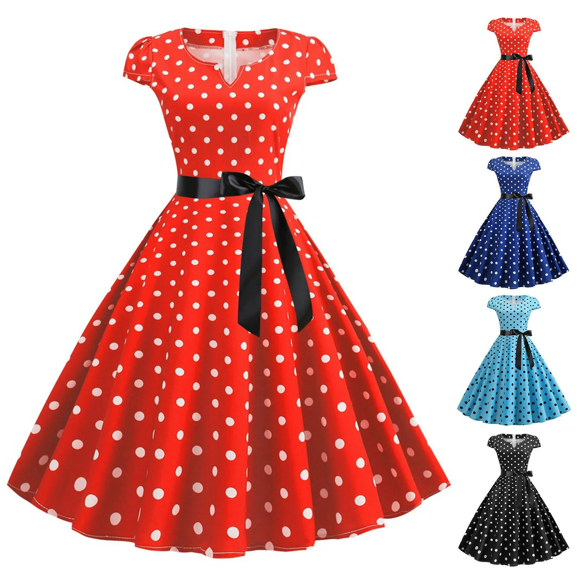 Retro Red and White Polka Dot Swing Dress with Black Waist Tie