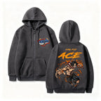 Anime-Inspired Flame Warrior Zip Hoodie with Manga Streetwear Graphic Design