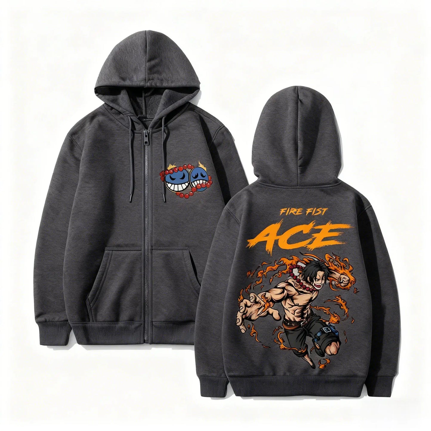 Anime-Inspired Flame Warrior Zip Hoodie with Manga Streetwear Graphic Design