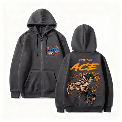 Anime-Inspired Flame Warrior Zip Hoodie with Manga Streetwear Graphic Design