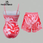 Vibrant Red Tropical Print Swimsuit and Matching Cover-Up Shorts Set