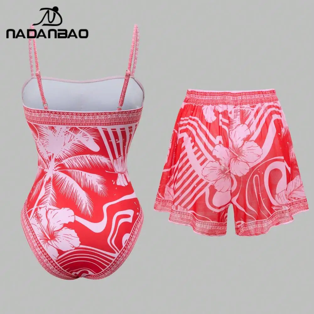 Vibrant Red Tropical Print Swimsuit and Matching Cover-Up Shorts Set
