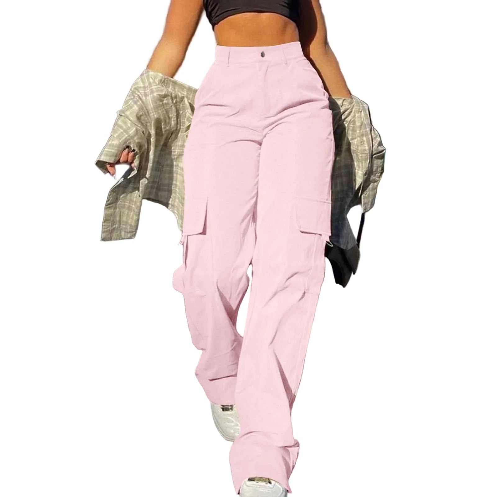 Women's High Waist Wide Leg Utility Trousers with Pocket Casual Streetwear Style
