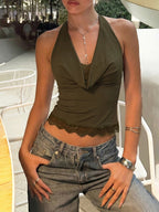 Ruffle Halter Lace-Up Backless Crop Top with Slim Fit Y2K Streetwear Style