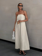 Strapless Linen Maxi Dress with Backless Design and Relaxed Silhouette