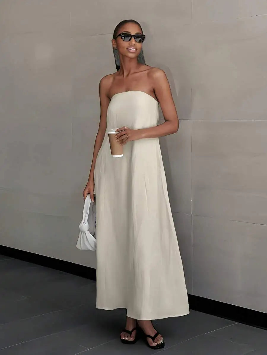 Strapless Linen Maxi Dress with Backless Design and Relaxed Silhouette