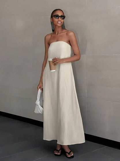Strapless Linen Maxi Dress with Backless Design and Relaxed Silhouette