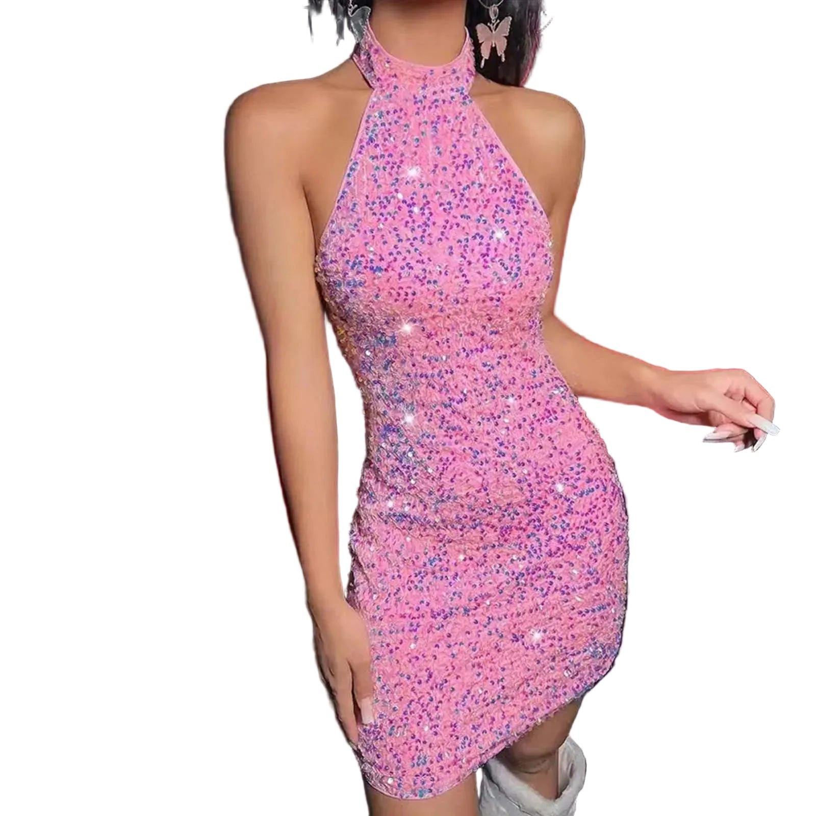 Halter Neck Glitter Bodycon Mini Dress with Ruched Fitted Silhouette