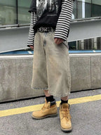 Men's Wide Leg Stonewashed Denim Shorts with Relaxed Knee Length Casual Streetwear Fit