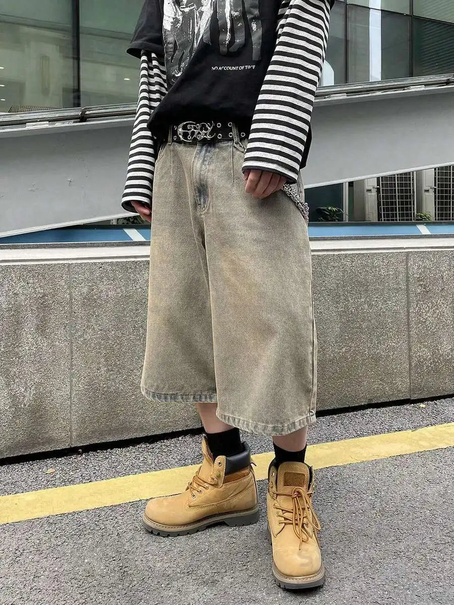 Men's Wide Leg Stonewashed Denim Shorts with Relaxed Knee Length Casual Streetwear Fit