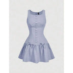 Button Front Mini Dress with Bow Detail and Flared Hem Silhouette