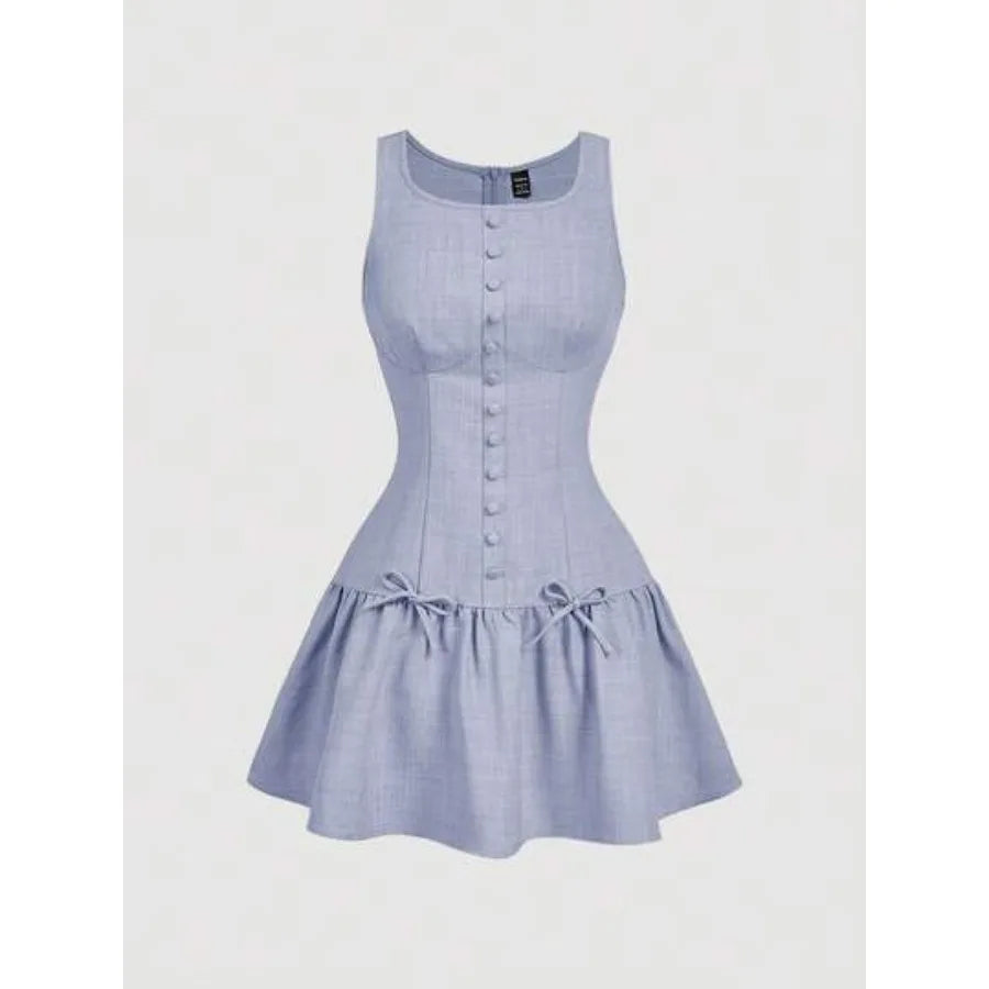 Button Front Mini Dress with Bow Detail and Flared Hem Silhouette