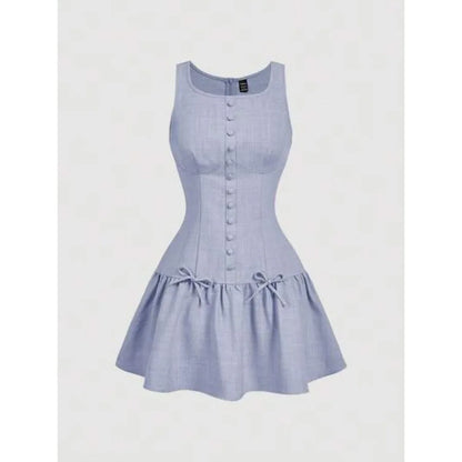 Button Front Mini Dress with Bow Detail and Flared Hem Silhouette