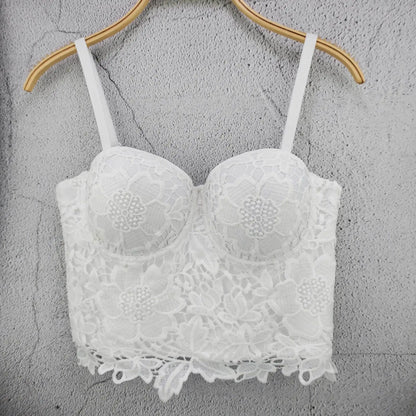 Floral Lace Bustier Top with Embroidered Detailing and Structured Cups