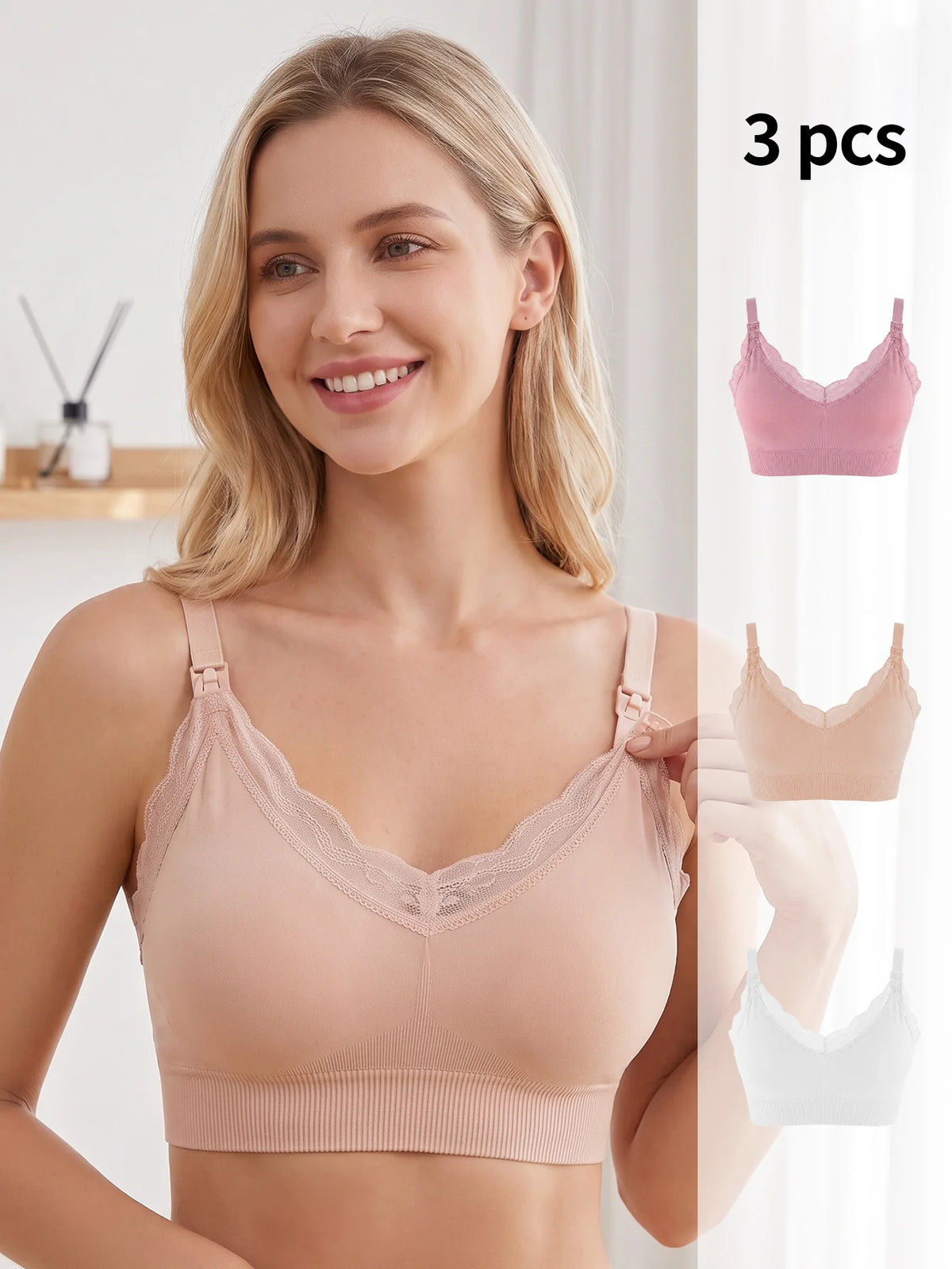 Wire-Free Seamless Nursing Bra with Delicate Scalloped Lace Trim