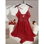 Women's Dark Green Halter Nightgown with Delicate Lace Detail, Sheer Satin-Look Mini Sleep Dress and Matching Thong Set