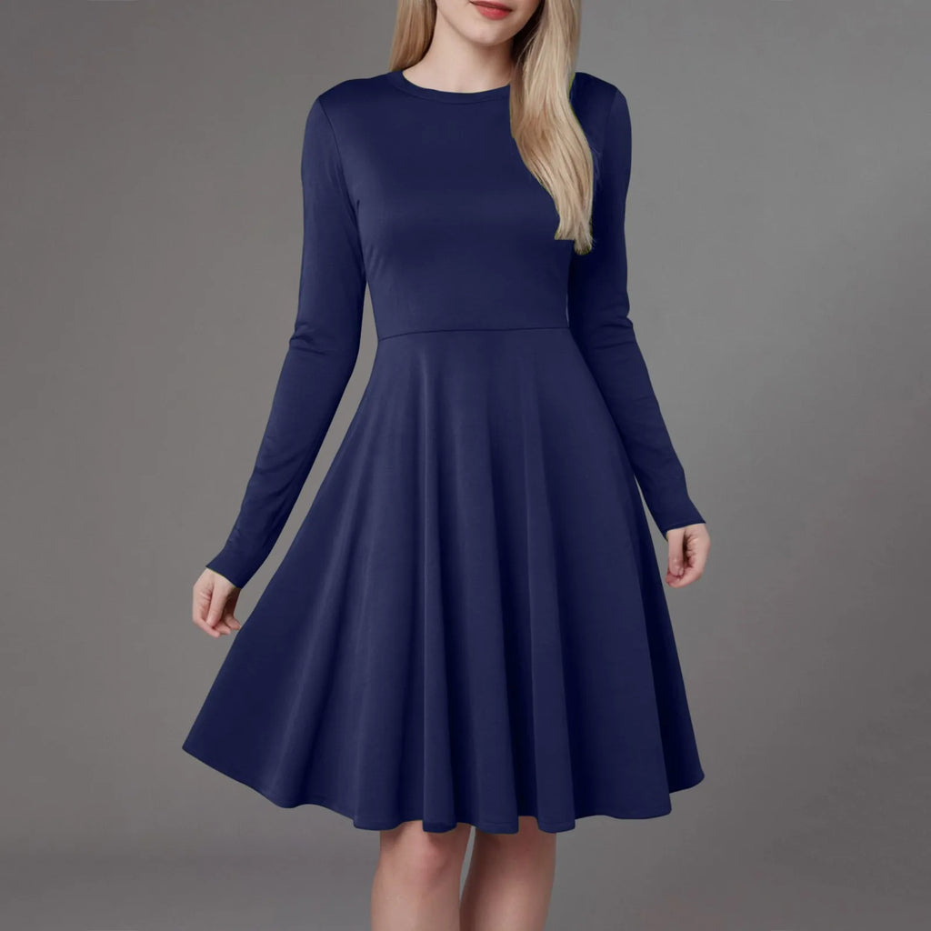 Elegant Solid Color Long-Sleeve A-Line Dress with High Waistline