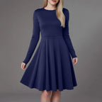 Elegant Solid Color Long-Sleeve A-Line Dress with High Waistline