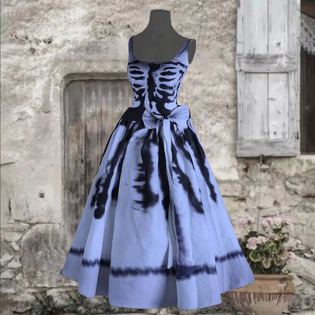 Halloween Skeleton Ribcage Print Flared Swing Dress with Waist Bow