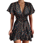 Floral Wrap Style Mini Dress with Ruffle Hem and Short Sleeves