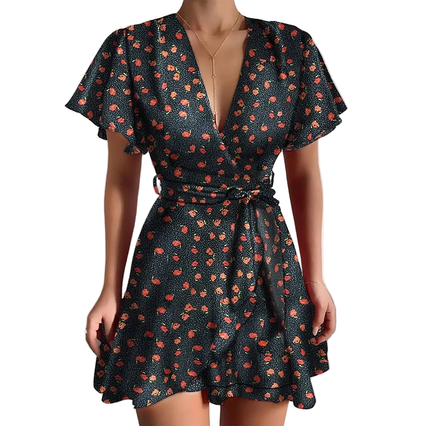 Floral Wrap Style Mini Dress with Ruffle Hem and Short Sleeves
