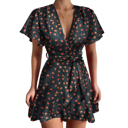 Floral Wrap Style Mini Dress with Ruffle Hem and Short Sleeves