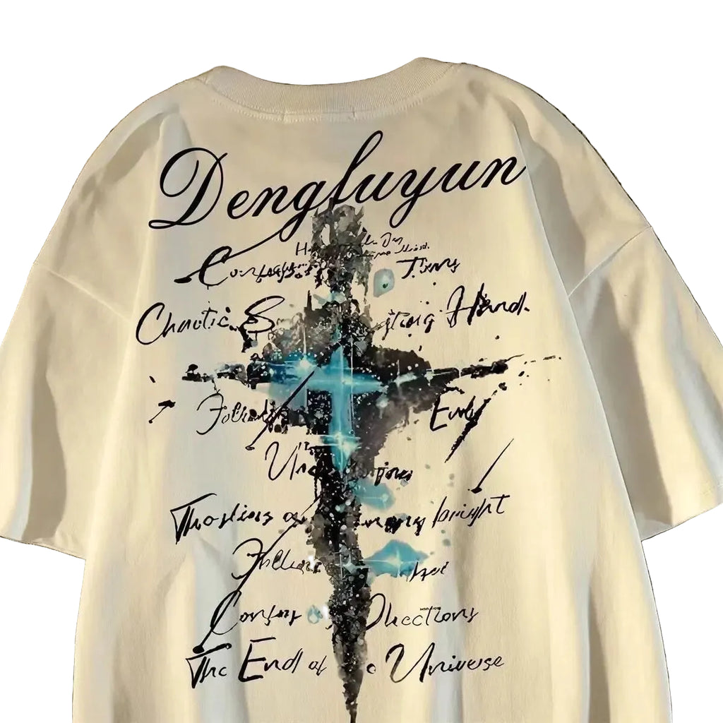 Oversized Cross Graphic Cotton T-Shirt with Vintage Script Streetwear Design