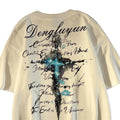 Oversized Cross Graphic Cotton T-Shirt with Vintage Script Streetwear Design