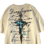 Oversized Cross Graphic Cotton T-Shirt with Vintage Script Streetwear Design