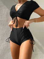 Brown High-Waisted Two-Piece Swim Set with Ruched Short-Sleeve Top