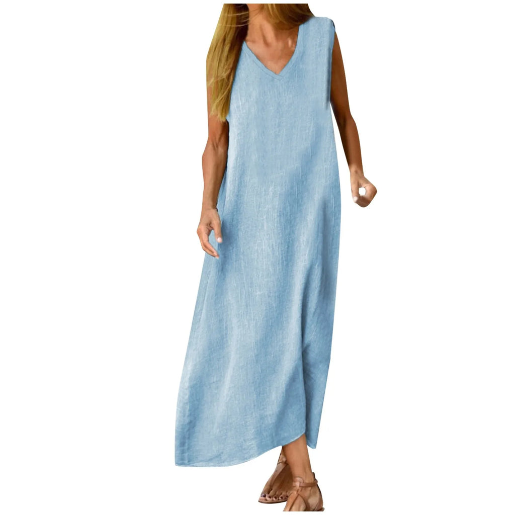 Relaxed Sleeveless Linen Look Maxi Dress with Minimalist A-Line Silhouette