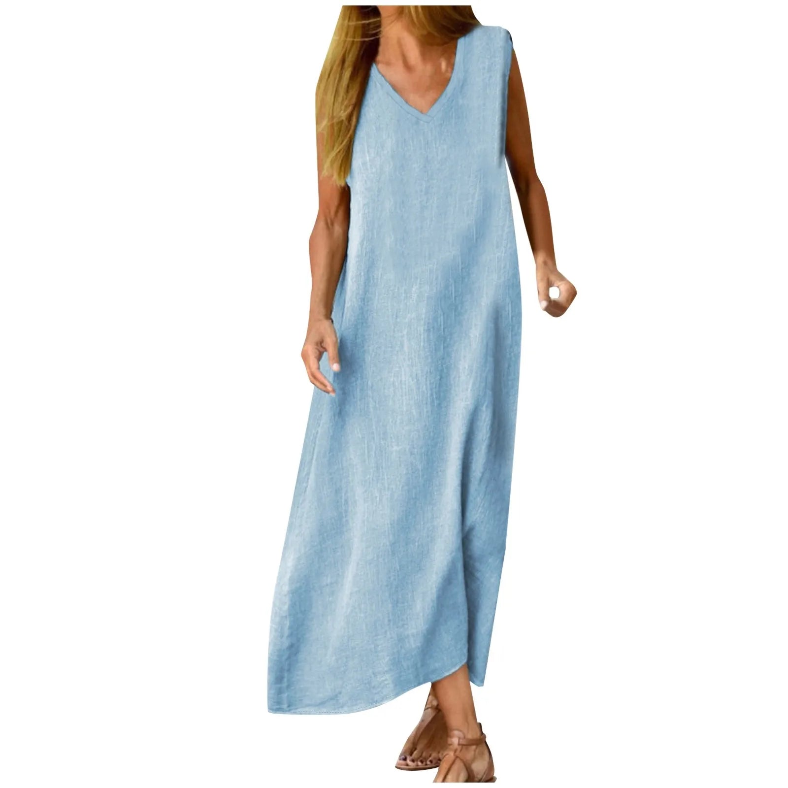 Relaxed Sleeveless Linen Look Maxi Dress with Minimalist A-Line Silhouette