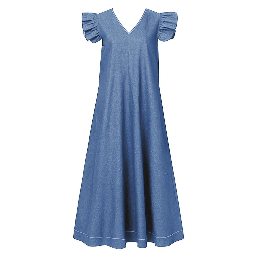 Oversized Denim Look Maxi Dress with Relaxed Fit and Petal Sleeves