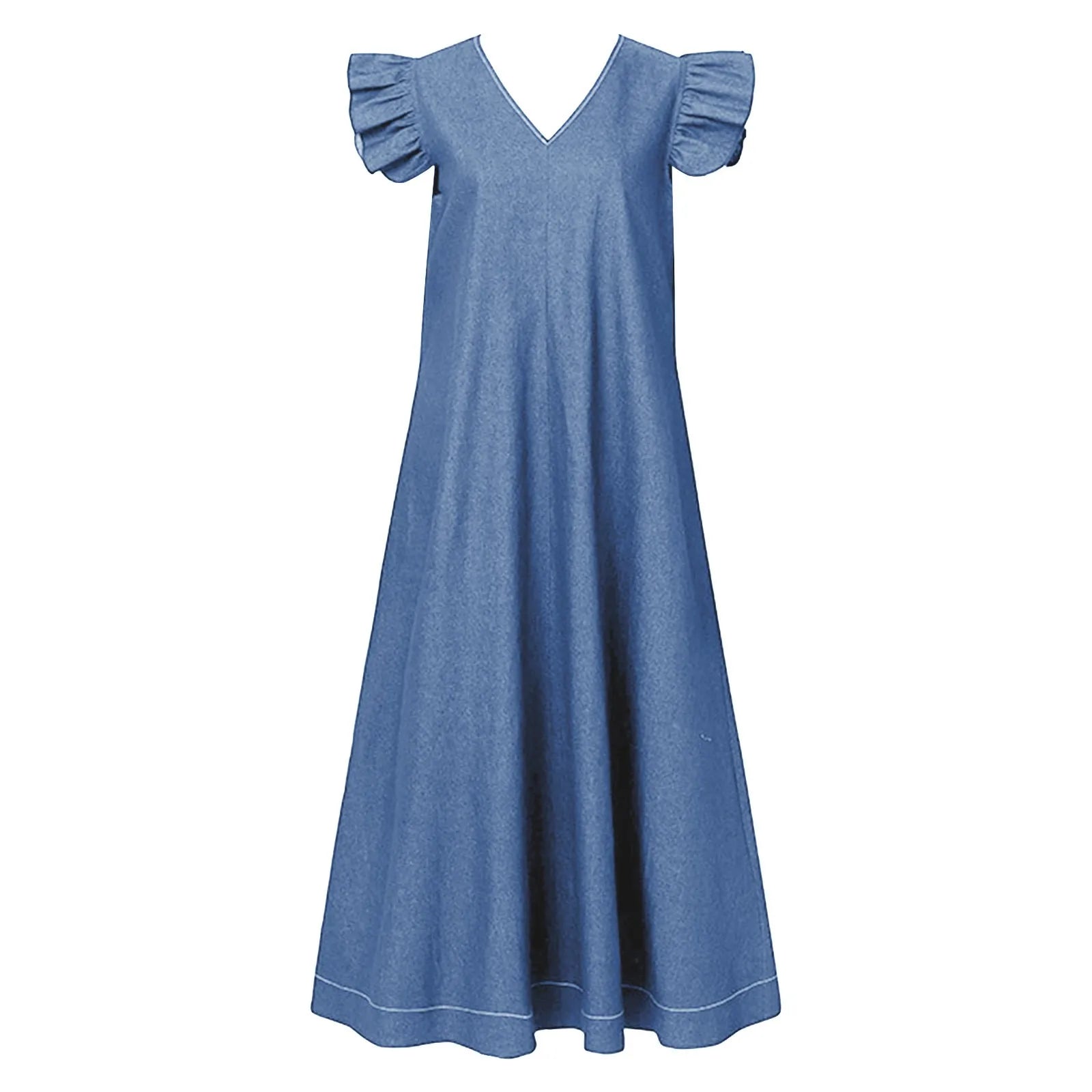 Oversized Denim Look Maxi Dress with Relaxed Fit and Petal Sleeves