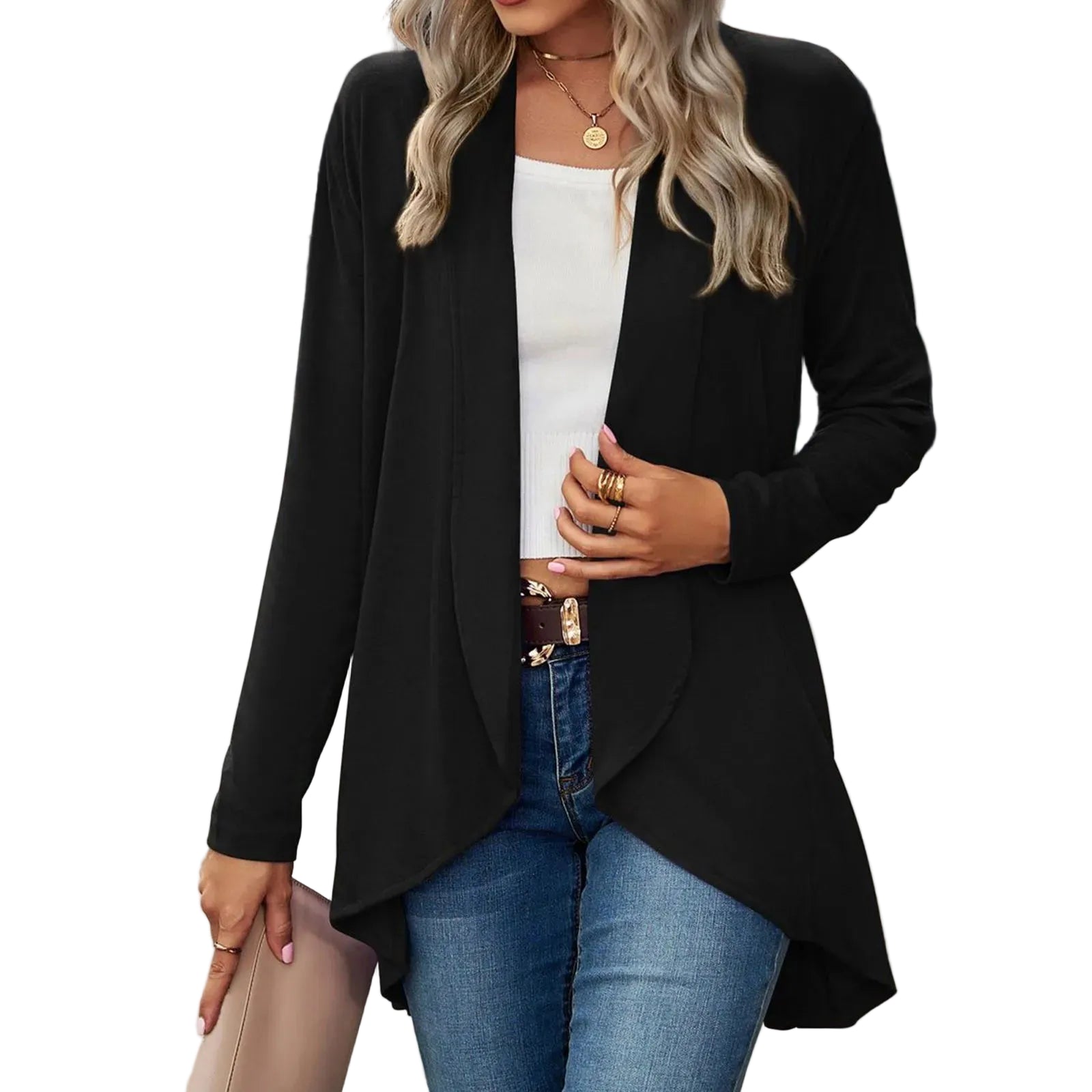 Women's Lightweight Open Front Long Cardigan with Pockets and Relaxed Fit