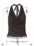 Ruched Halter Lace Crop Top with Open Back Contemporary Party Streetwear Style
