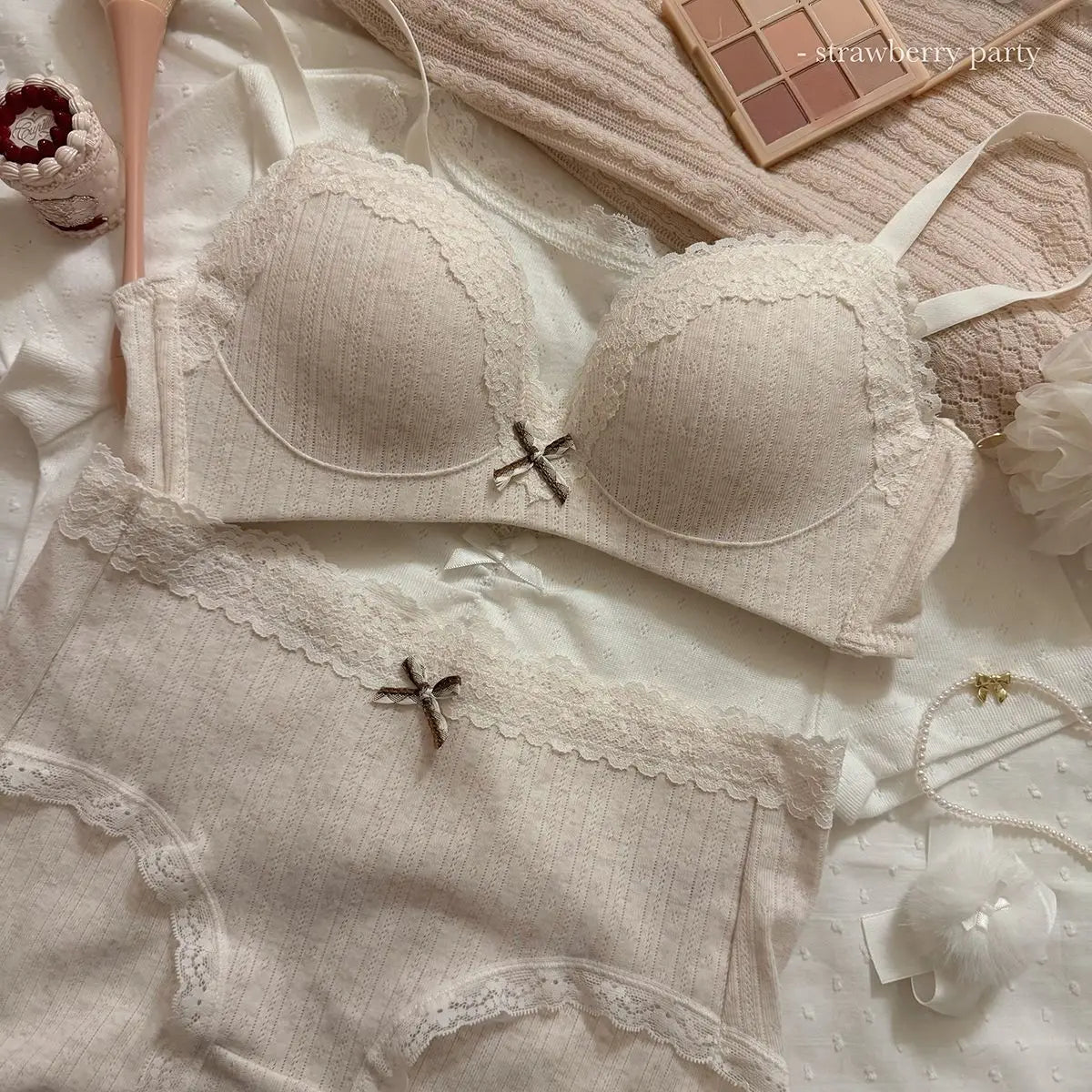 Soft Cream Dotted Floral Wire-Free Bralette and Panty Set with Delicate Lace Trim