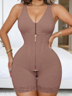 V-Neck Sculpted Bodysuit with Multi-Row Hook Closure and Sheer Leg Paneling