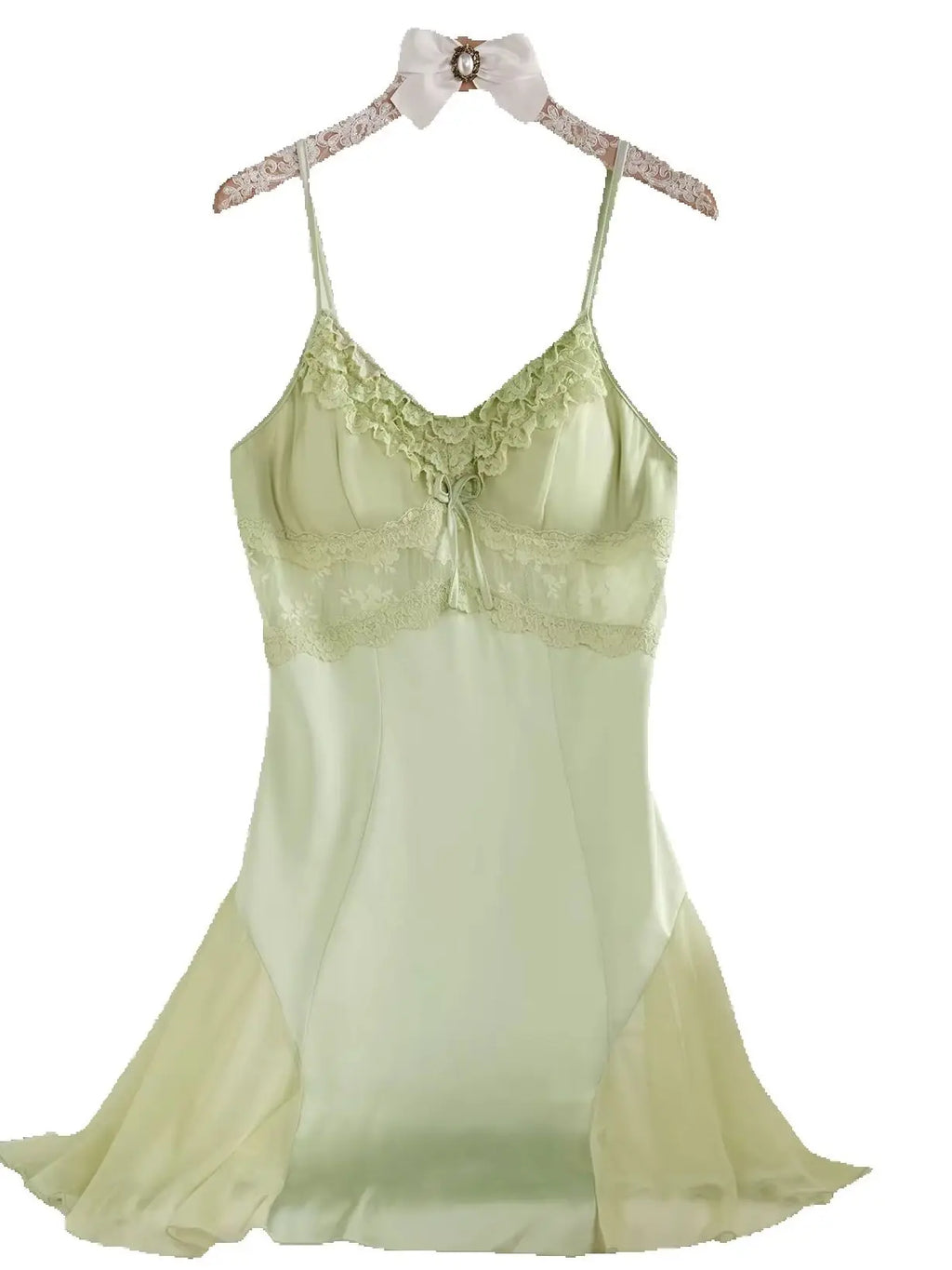 Elegant Mint Green Satin-Finish Slip Dress with Sheer Lace Trim and Flared Hem