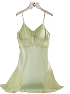 Elegant Mint Green Satin-Finish Slip Dress with Sheer Lace Trim and Flared Hem