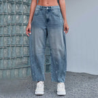 Women's Mid Rise Cropped Barrel Leg Stretch Denim Jeans with Relaxed Streetwear Fit