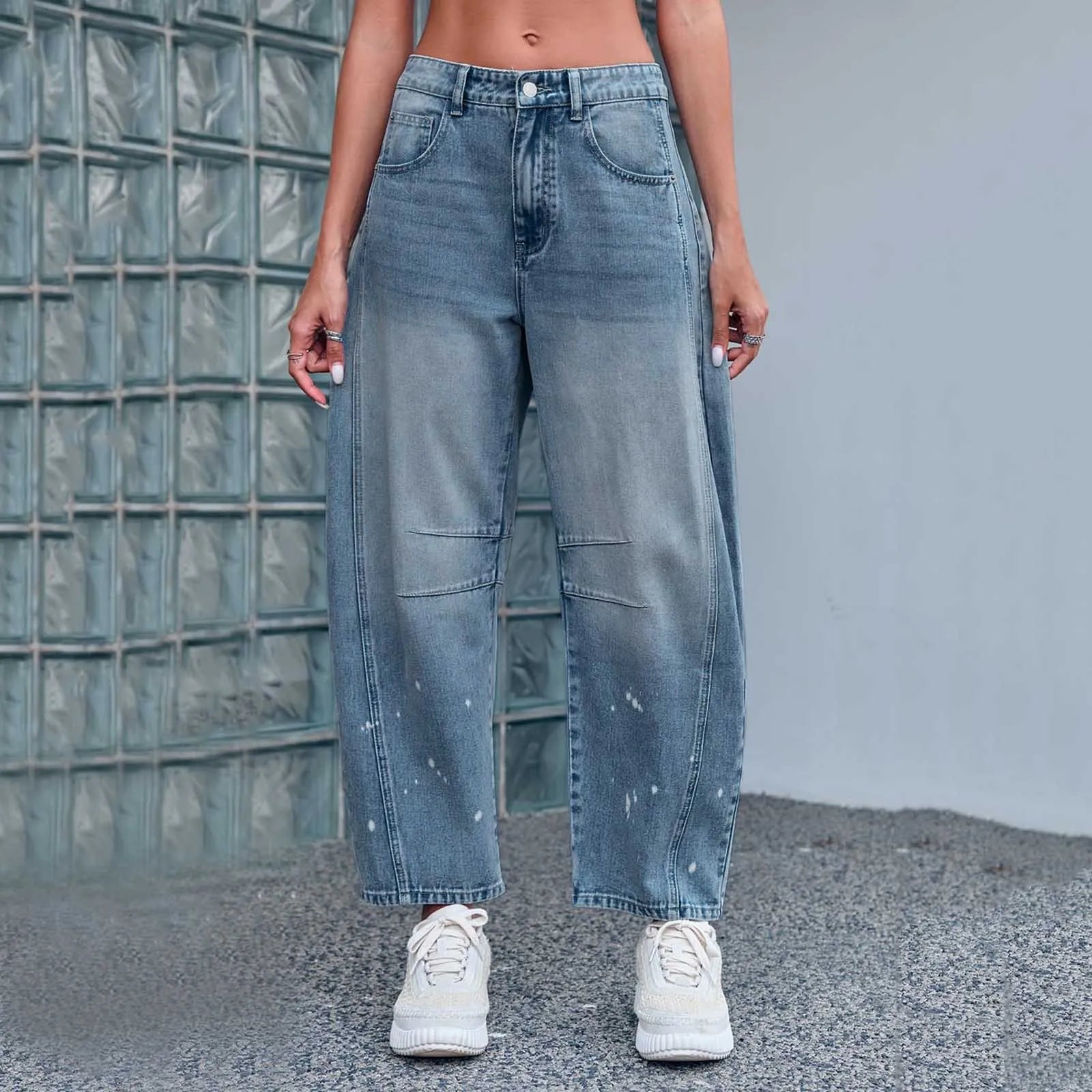 Women's Mid Rise Cropped Barrel Leg Stretch Denim Jeans with Relaxed Streetwear Fit